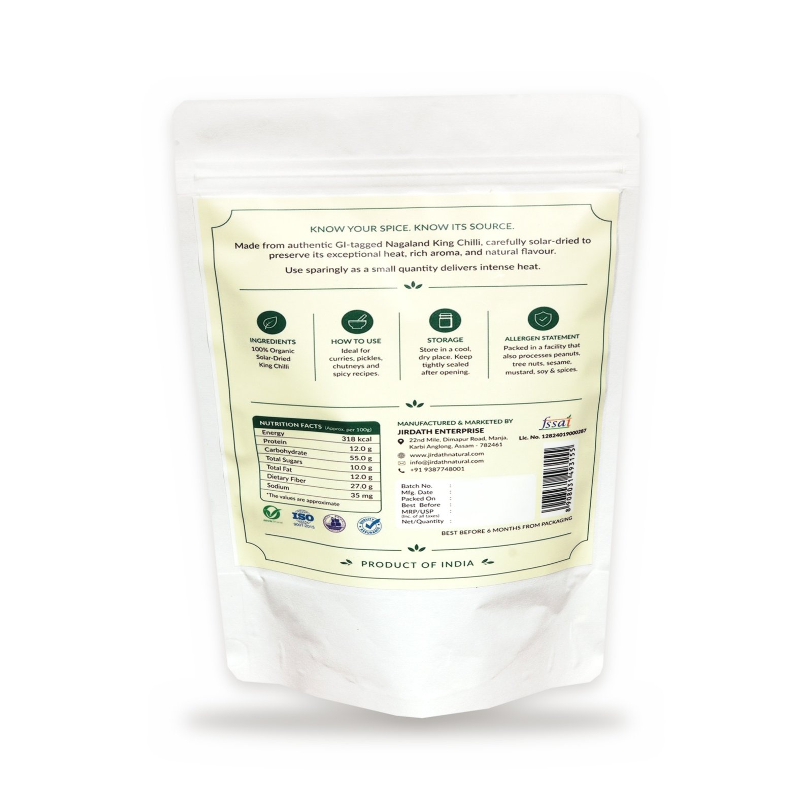 Organic King Chilli, Pouch Backside