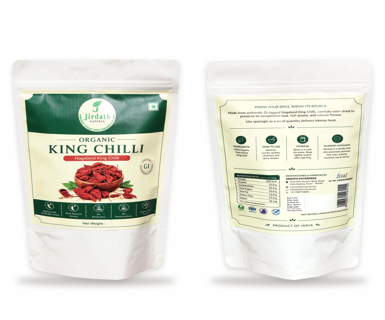 Organic King Chilli, Pouch Front and Back