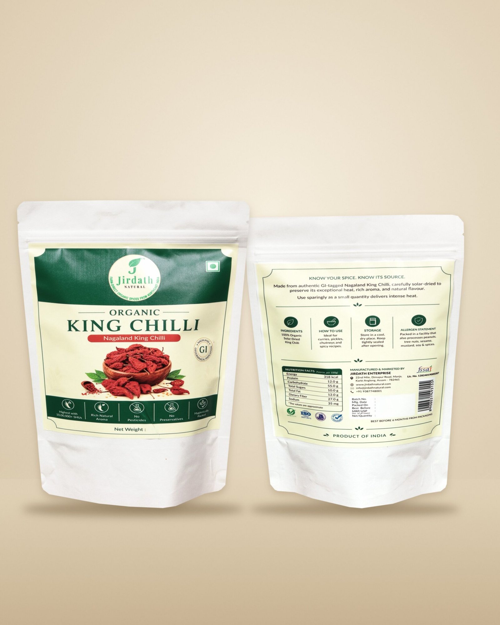 Organic King Chilli, Pouch Front and Back on Warm Background