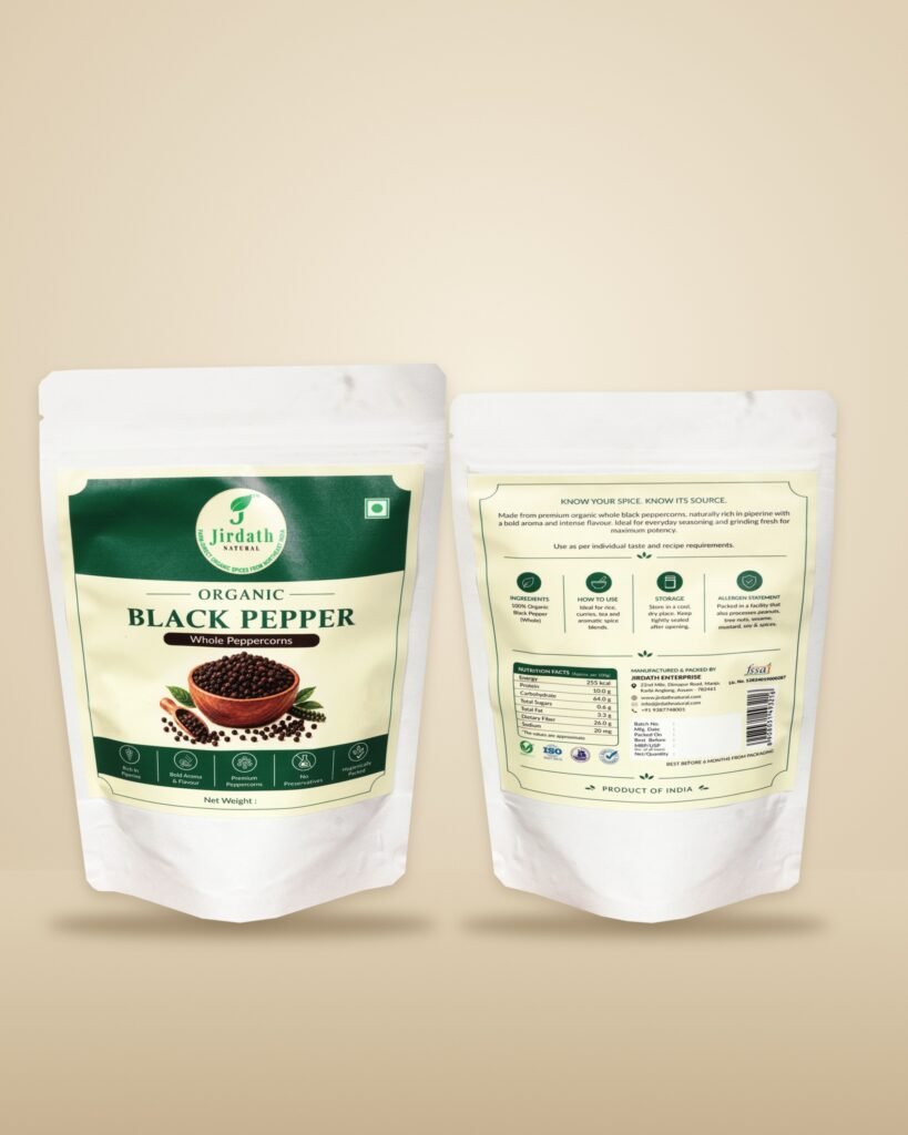 Organic Black Pepper, Pouch Front and Back on Warm Background