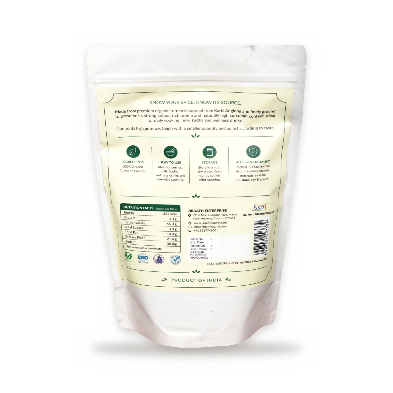 Organic Turmeric Powder, Pouch Backside