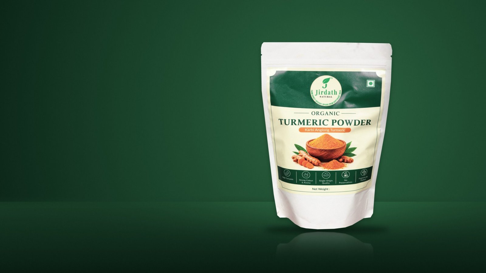 Organic Turmeric Powder, Hero on Brand Green Background