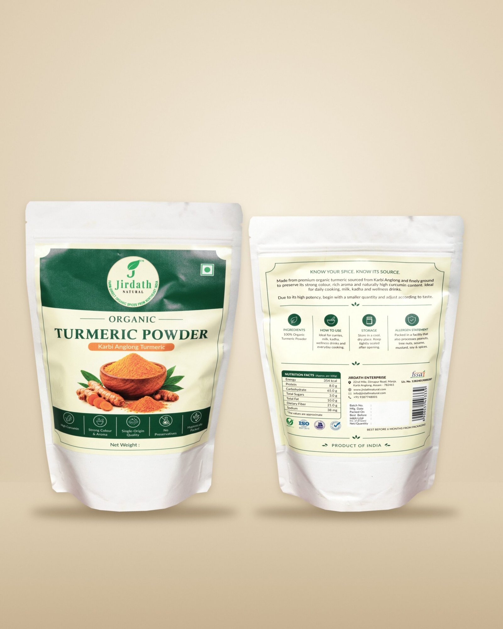 Organic Turmeric Powder, Pouch Front and Back on Warm Background