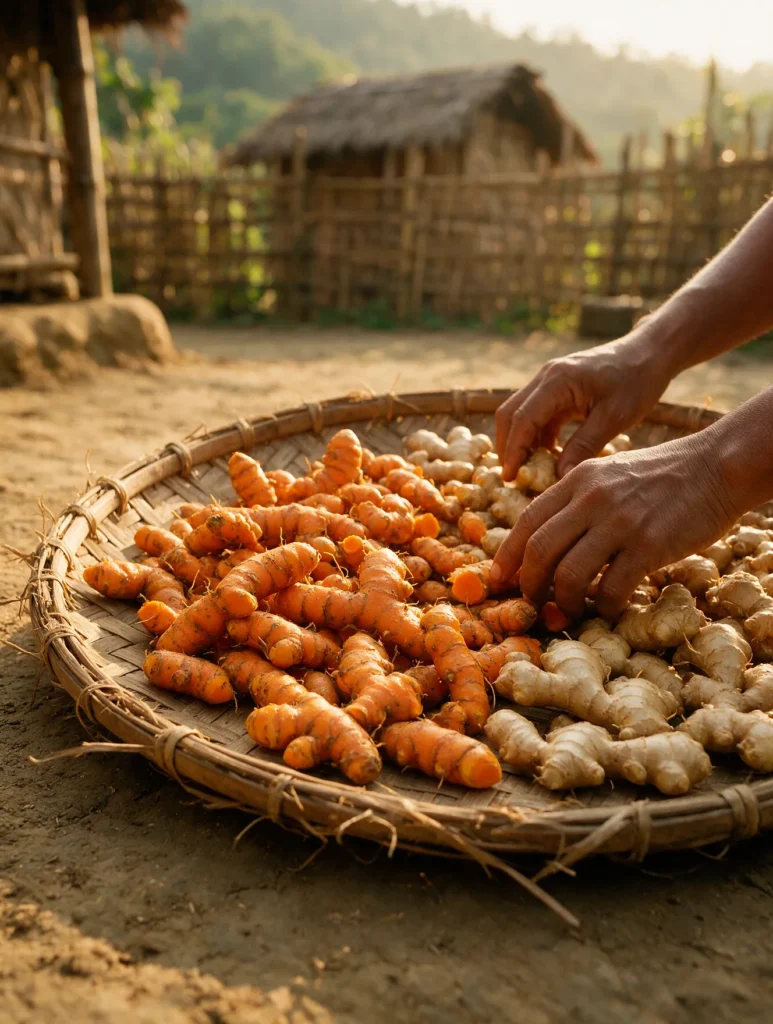 Spices drying on bamboo tray, Assam