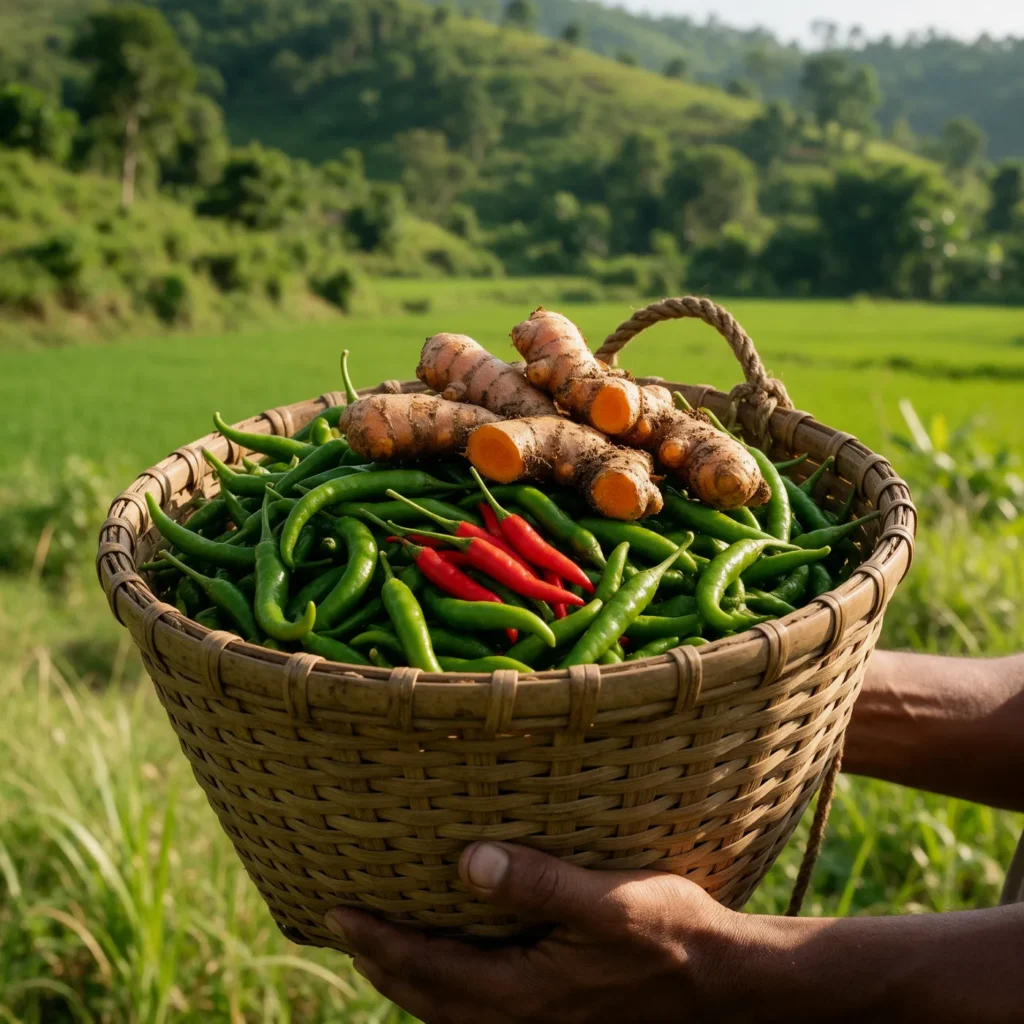 Farmer hands with harvest basket in Assam
