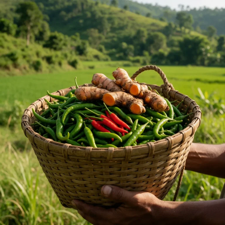 Farmer hands with harvest basket in Assam