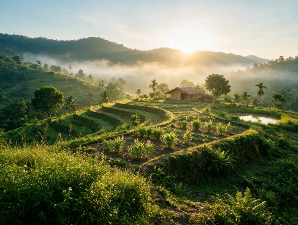 Terraced spice farms of Karbi Anglong at sunrise