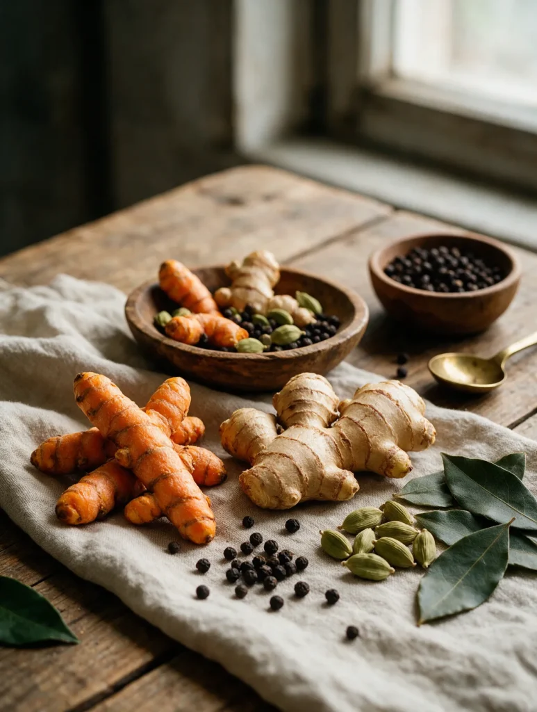 Whole natural spices on a rustic table