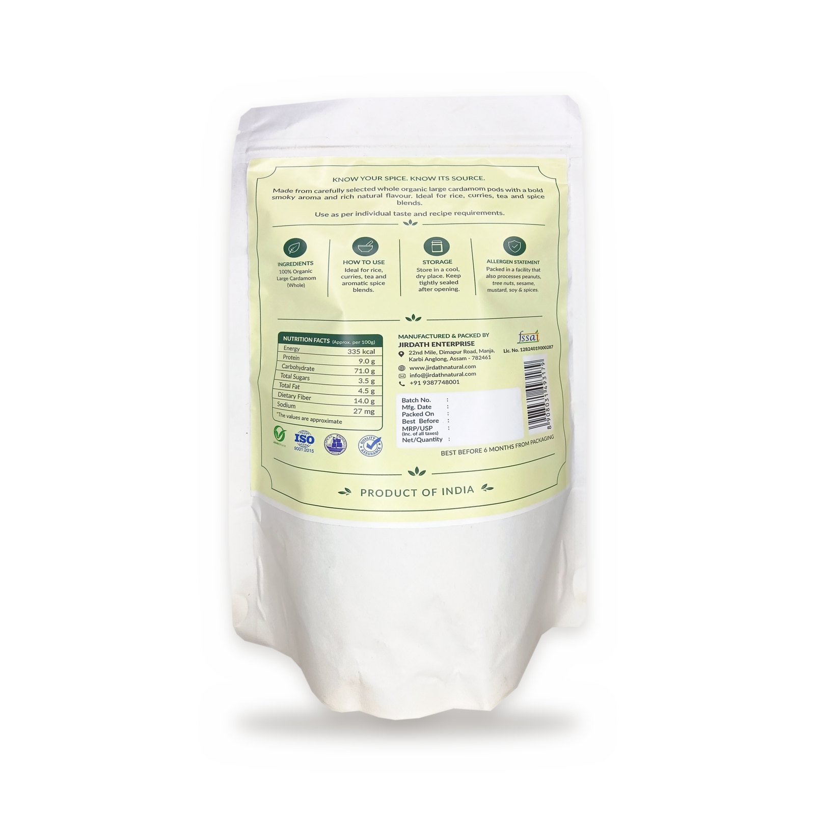 Organic Large Cardamom pouch back with nutrition label, Jirdath Natural