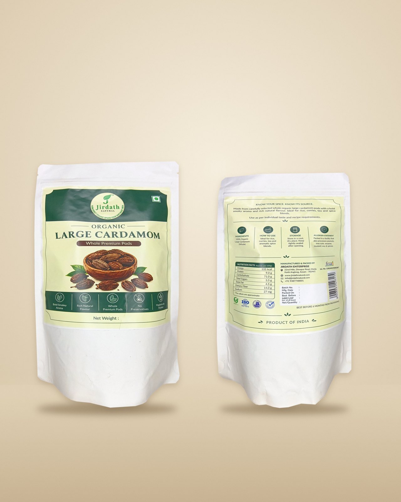Organic Large Cardamom pouches front and back on warm background, Jirdath Natural