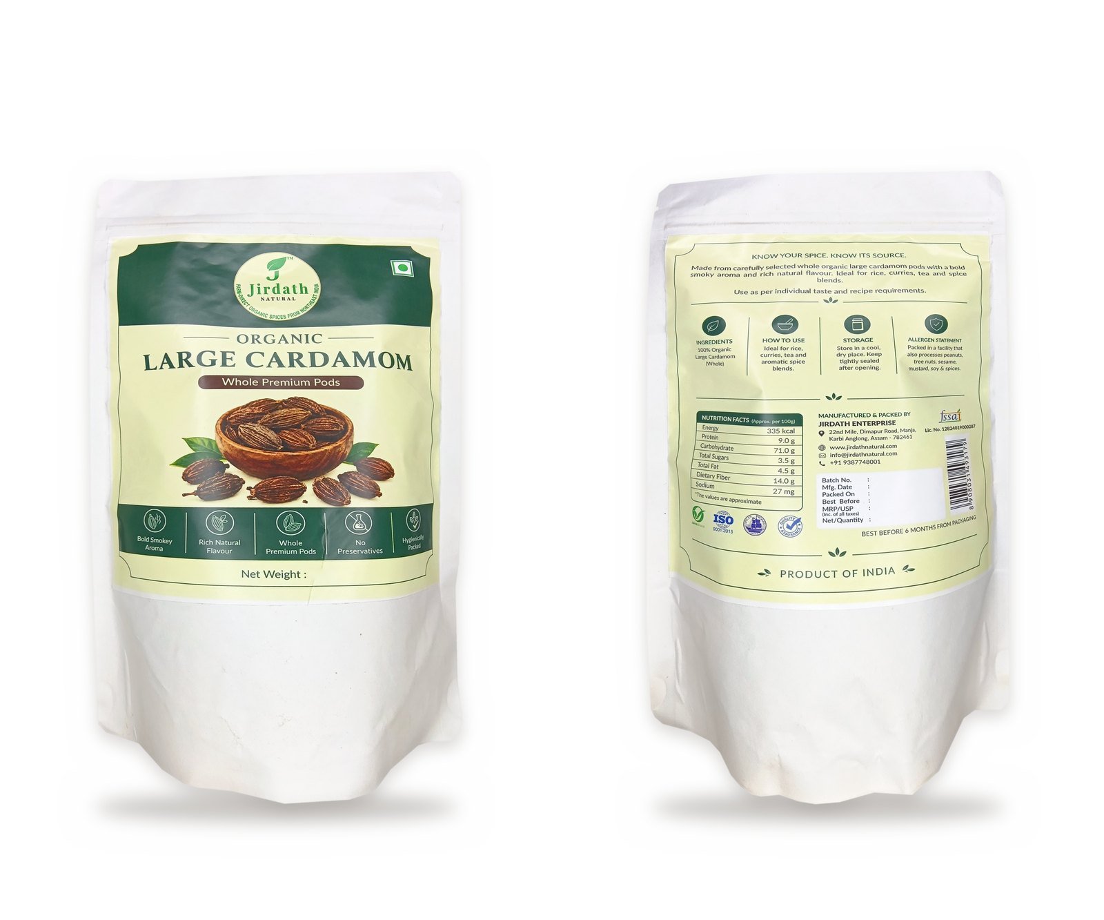 Organic Large Cardamom pouch front and back, Jirdath Natural