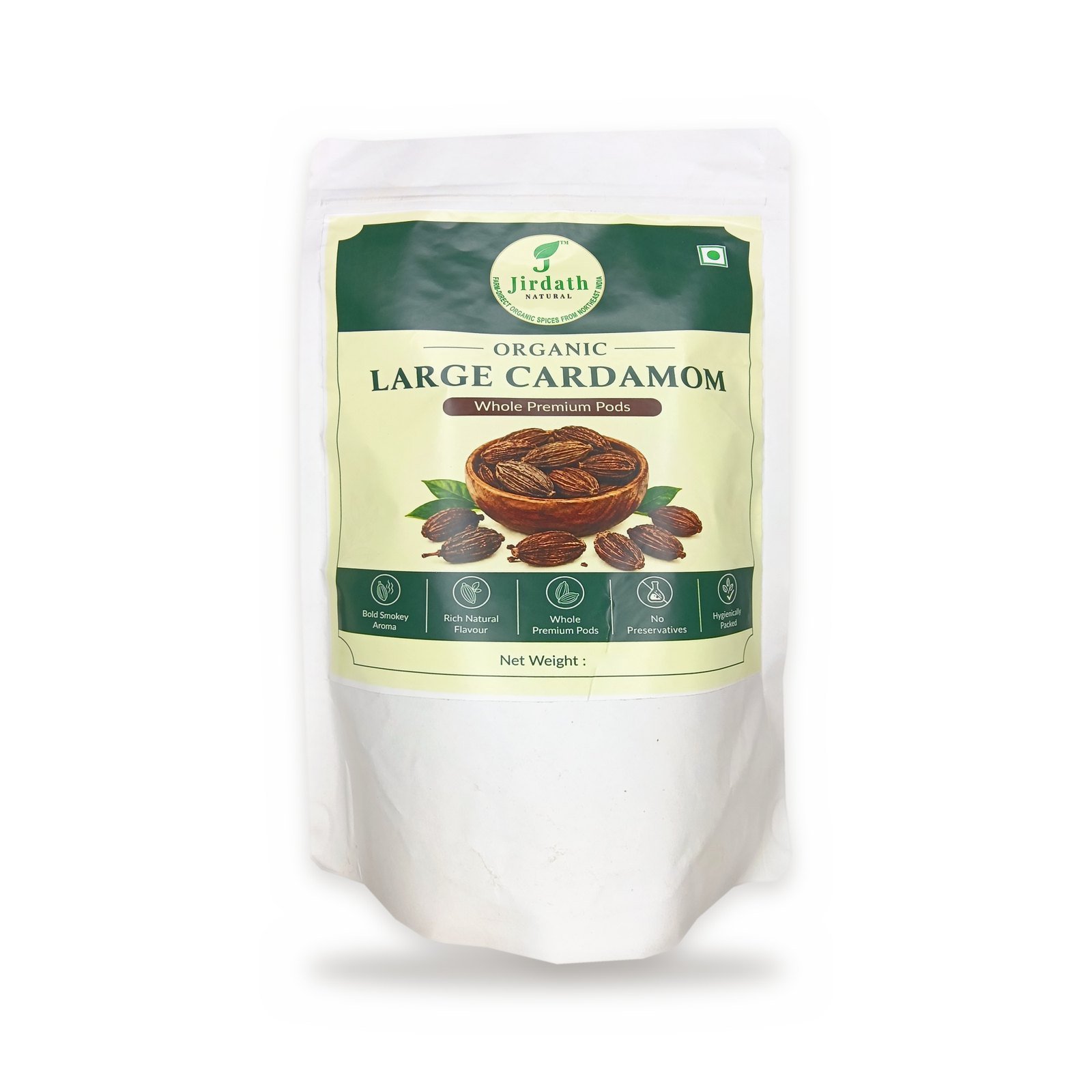 Organic Large Cardamom pouch front, Jirdath Natural