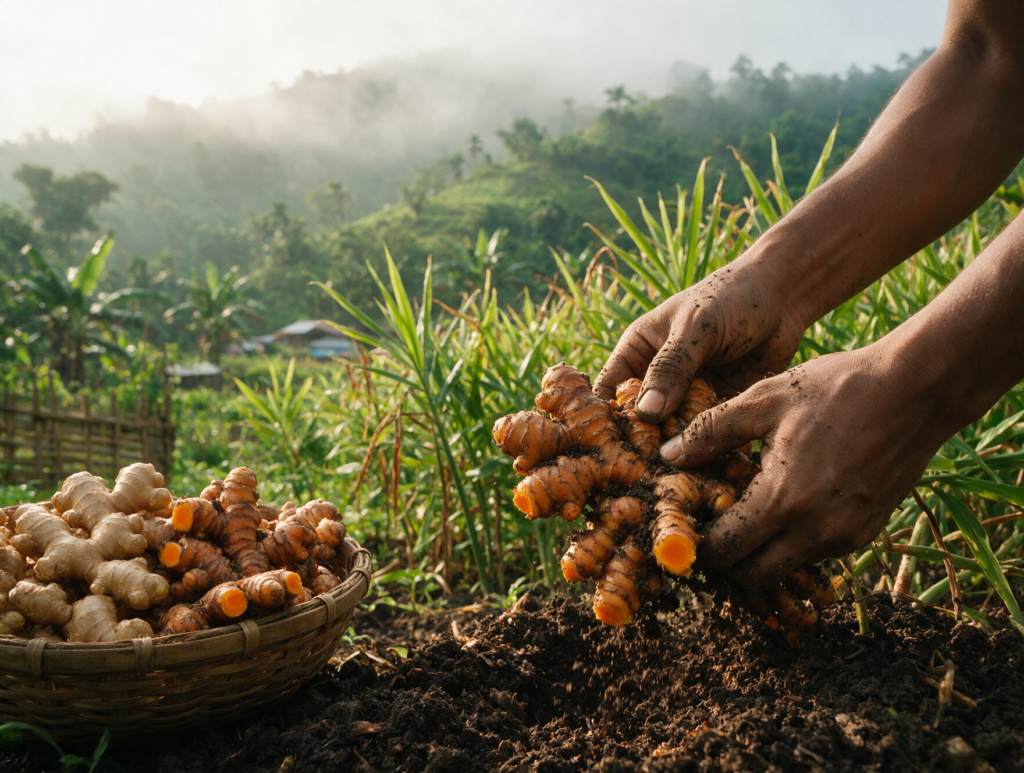 Farmer hand harvesting turmeric and ginger on a small family farm in Assam