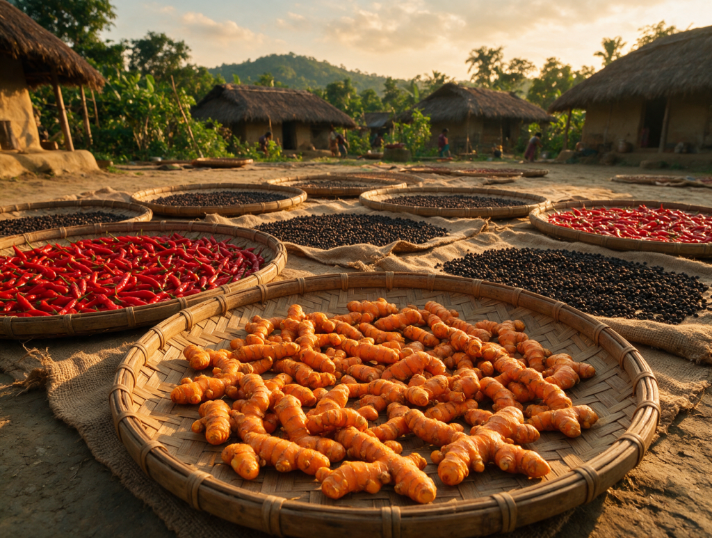 Spices drying naturally in the sun on bamboo trays in Assam